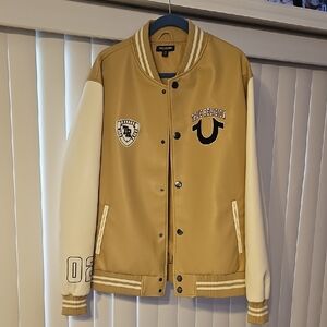 True Religion Tan & Cream Varsity Jacket Size LG Unisex Jacket